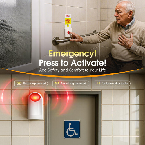 Emergency Alarm with Wireless Panic Button for Elderly, 130dB Adjustable Volume, Battery Powered (2) 1
