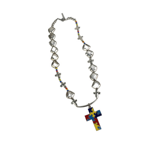 Puzzle Crucifix Pendant Necklace Irregular Geometric Beaded