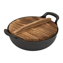 Garden Sanctuary Dual Handles Cast Iron Wok Wooden Lid, 25cm Dia