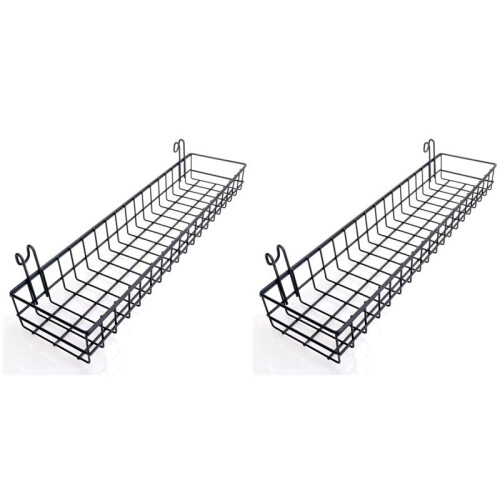 2X Hanging Basket for Wire Wall Grid Panel, Multi-Function Wall Storage and Display Basket, 40X10X5CM, Black Painted 1