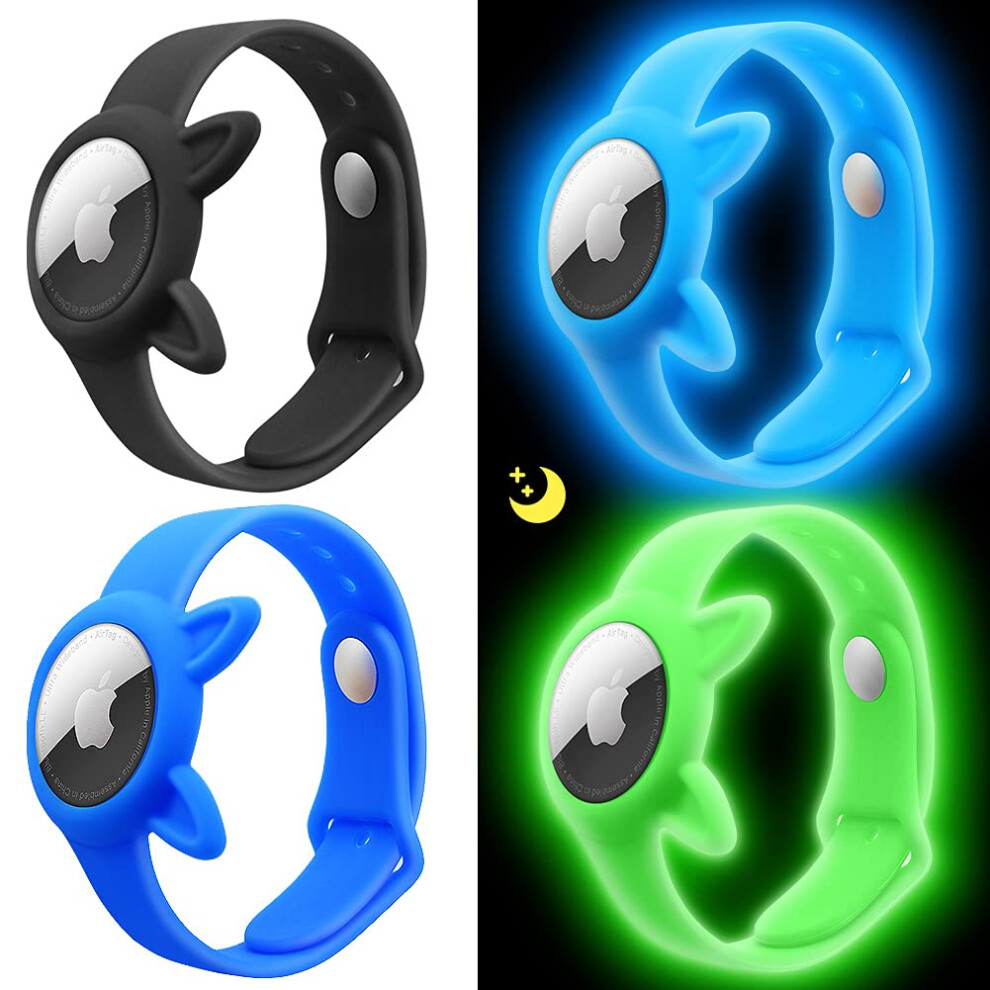 Wristband For Airtag Kids 4 Pack, Silicone Adjustable Bracelet, Glow Colors, Secure Tracker Holder Blue/Green/Black 9092120539394