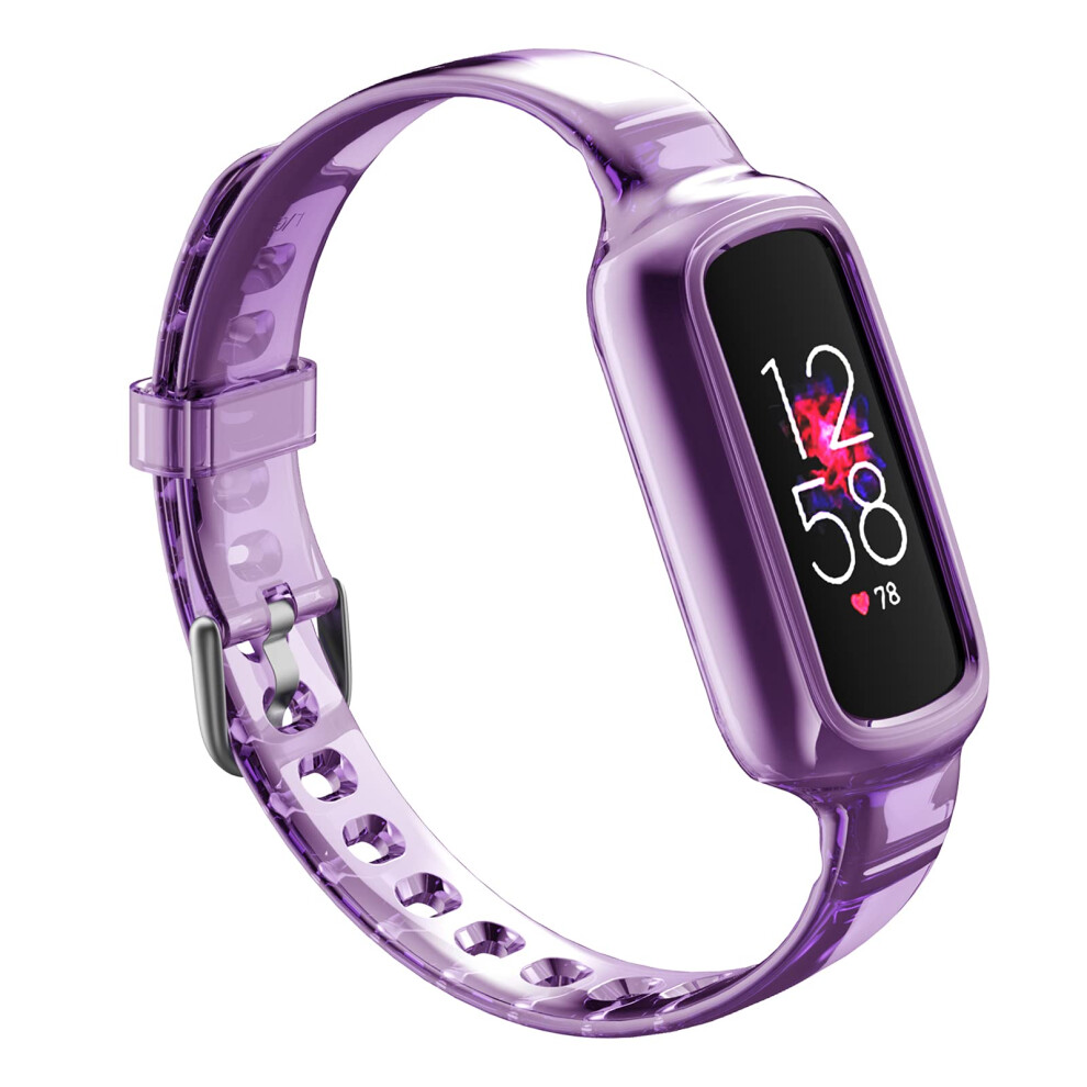 Sport Band With Protective Bumper Case, Clear Adjustable Silicone Strap For Fitbit Luxe Purple 9455672039888