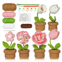 Kit All'Uncinetto per Principianti: 6 Pezzi di Fiori Facili All'Uncinetto per Adulti con Tutorial Video Passo Passo Piante nel Vaso per Decorazioni