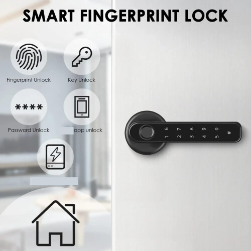Smart Door Lock with Handle, Biometric Fingerprint Keyless Entry, App Control, Auto Lock, Black 2