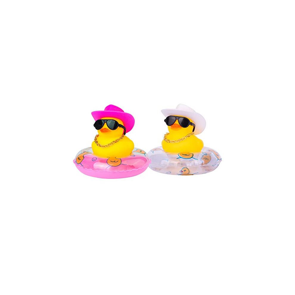 2Pcs Car Dashboard Duck Ornaments Â Cute Rubber Ducks With Hats Sunglasses And Swim Rings Yellow 9330225941958