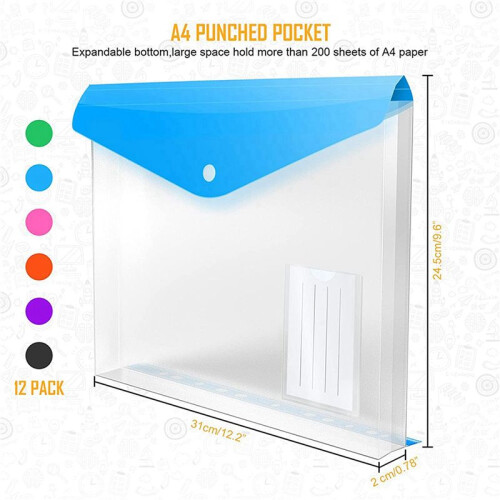 24Pack A4 Plastic File Folder,Expandable A4 Expandable Punched Pockets for A4 Folders,with Snap Closure and Label Pocket 2