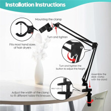 Dog Hair Dryer Holder,360 Rotatable Hands-Free Pet Dryer Holder, with Adjustable Clamp , Fits Most Hairdryers