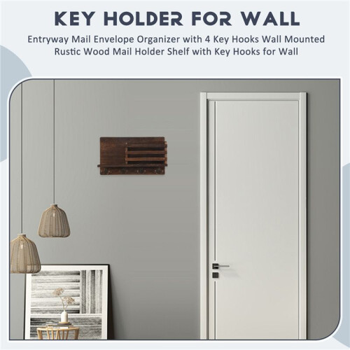 Entryway Mail Envelope Organizer with 4 Key Hooks Wall Mounted, Rustic Wood Mail Holder Shelf with Key Hooks for Wall 1