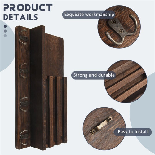Entryway Mail Envelope Organizer with 4 Key Hooks Wall Mounted, Rustic Wood Mail Holder Shelf with Key Hooks for Wall 2