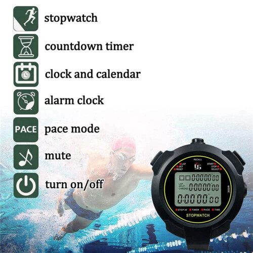 3X Digital Sports Stopwatch, 10Lap /Split Memory Stopwatch Count Down Timer, Large Display Waterproof 12/24 Hour Clock 2