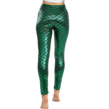 2X Women'S Mermaid Legging in Shiny Green Fish Scale Design High Waisted Stretch Pants for Casual and Party Wear-M