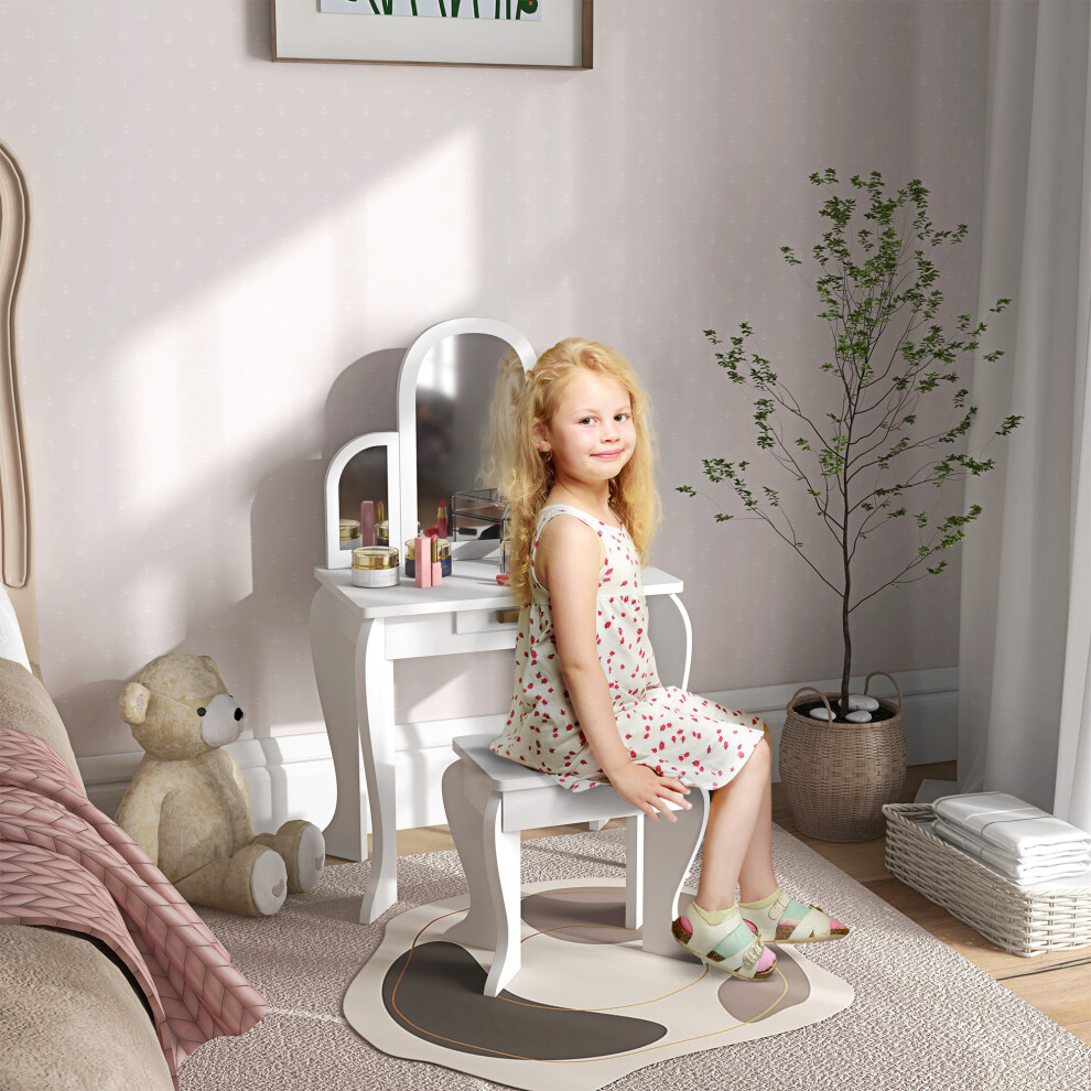 Homcom Kids Dressing Table Set Kids Vanity Set W/ Drawer, Mirror - White