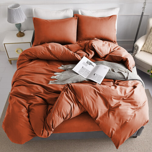 (Rust, Double: 200 x 200 cm) Plain Duvet Quilt Cover Bedding Set & Pillowcases Pair 1