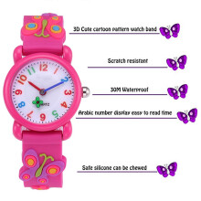 Orologio per bambini impermeabile con farfalla 3D in stile cartone animato, cassa da 28mm, cinturino in PVC da 21cm