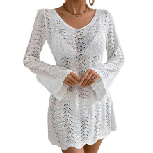 See Through Crochet Beach Cover Up Dress Casual Loose-White L