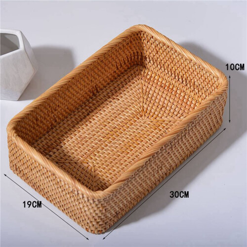 2X Hand-Woven Rattan Wicker Basket Fruit Tea Snack Bread Basket Cosmetic Rectangular Storage Box L 2