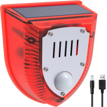 Outdoor Motion Sensor Alarm with 129dB Dog Barking Sound, Solar and USB Charging, Strobe Light