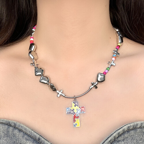 Puzzle Crucifix Pendant Necklace Irregular Geometric Beaded 1