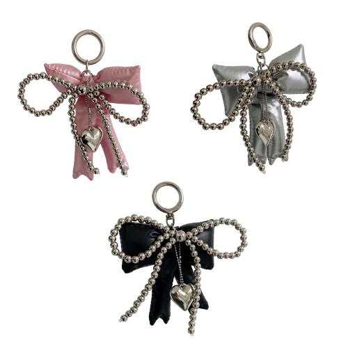 Elegant PU Leather Bowknot Keychain With Pearls And-Silver 1