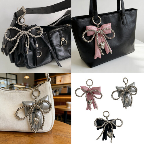 Elegant PU Leather Bowknot Keychain With Pearls And-Silver 2