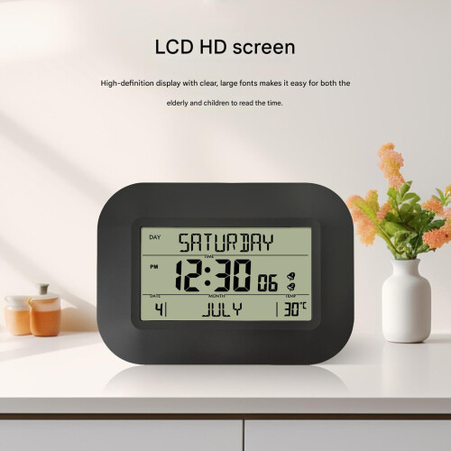 Wall And Desktop Alarm Clock With LCD Screen Temperature-Black 2