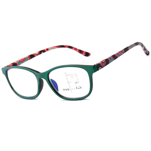 Progressive Multifocal Reading Glasses with Anti Blue Light Filter, Blue Flower Pattern +1.0