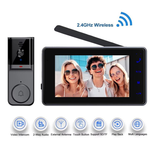 Campainha de Vídeo com Tela IPS de 4,3 Polegadas Áudio Bidirecional 2,4 GHz Intercomunicador Visual Gravação Campainha Câmera com Antena 2