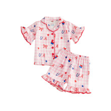 (3-4 Years, Pink) Kids Girls 4th of July Pajamas Set Bow Star Ice Cream Letter Print Short Sleeve Tops Elastic Waist Shorts 2 Pieces Lounge Suit