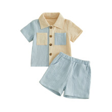 (6-12 Months, Sky Blue) Toddler Boys Summer Outfits Contrast Color Turn Down Collar Short Sleeve Shirts Elastic Waist Shorts 2Pcs Clothes Set