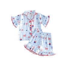 (7-8 Years, Blue) Little Girl 4th of July Pajamas Set Bow Letter Print Short Sleeve Turn Down Collar Satin Tops with Shorts Sleepwear
