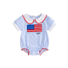 (6-12 Months, Blue) Baby Girl 4th of July Romper Stripe Print America Flag Embroidery Short Sleeve Doll Collar Bodysuit