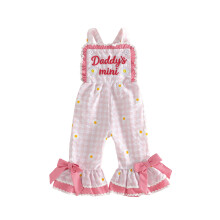 (6-12 Months, Pink) Little Girls Overalls Adorable Letter Embroidery Sleeveless Square Neck Plaid Bell Bottoms Jumpsuit