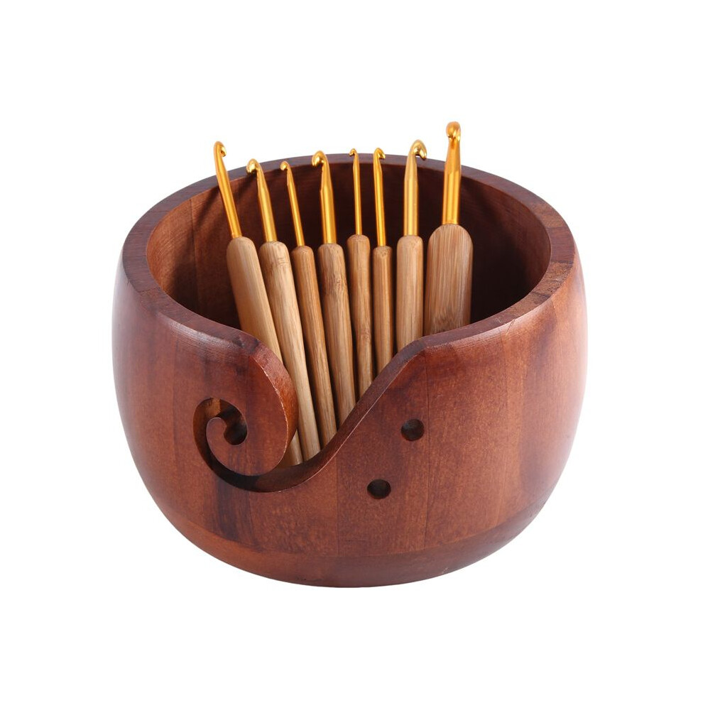 Tauoh Wooden Yarn Bowl Holder, Knitting Bowl With 8Pcs Crochet Hooks,Yarn Holder Dispenser Yarn Storage Bowls