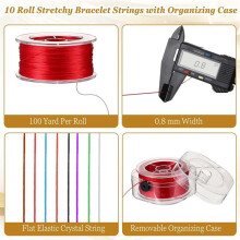 10 Rouleaux de Bracelet Élastique Plat de 0,8 Mm, 1 000 Mètres, avec Boîte de Rangement, Cordon Élastique en Cristal, Cordon de Perles pour la