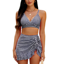 Women Two Piece Push up V Neck Swimwears with-printed black S