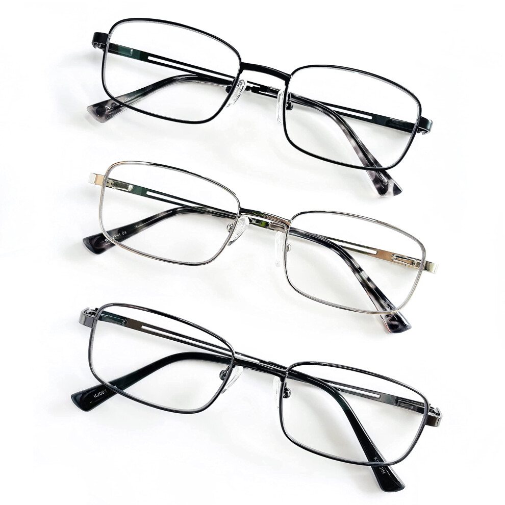 Blue/Light Reading Glasses For Men 3.0X Blocking Metal Frame Spring Hinge 3Pack Mixed Colors