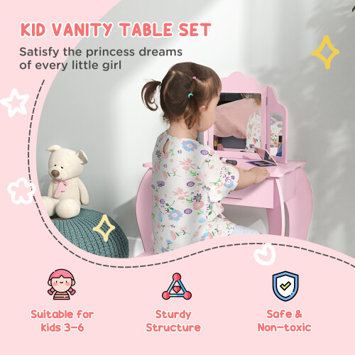 Homcom HOMCOM Makeup Dressing Table Set with Tri-Folding Mirror and Drawer, Pink 2