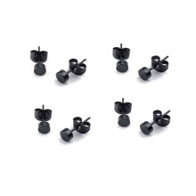 3mm Round Ear Studs, 8Pcs (2 Pair) - Stainless Steel - for Men - Color Black - with Gift Bag