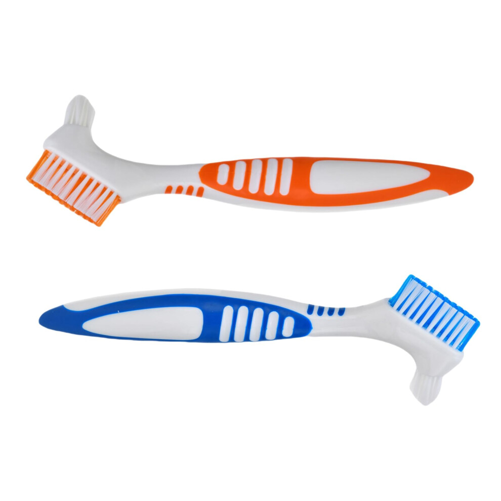 Orange/Blue Denture Cleaning Brush 2Pack With Dualangle Heads, Soft Nylon Bristles, Ergonomic Grip For Seniors, And Travel Denture Care Kit