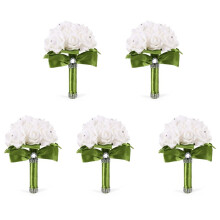 5X Schoene Hochzeits-Blumenstrauss Blumenhochzeitsstrauss Kuenstliche Blume Rose Weisser Brautstraeusse mit Gruener Band