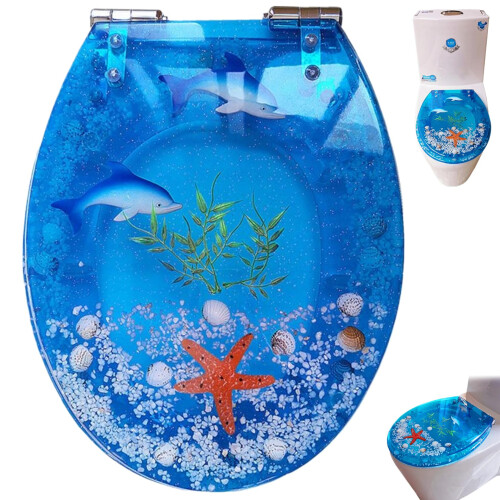 Soft Close Toilet Seat with Decorative Blue Dolphin Design, Solid Core, Wearproof and Easy Clean