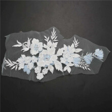 3X Beaded Hot Drilling Lace Bridal Beaded Flowers Embroidery Patches for Clothing Wedding DIY Decor Sky