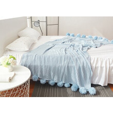Light Blue Throw Blanket 39 x 41 with Pom Pom Tassels, Lightweight Solid Knit for Precise Coverage