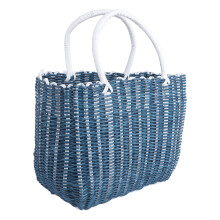 Large Plastic Woven Shopping Basket with Handle, Lightweight Reusable Tote for Grocery and Home Storage