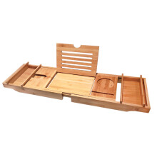 Adjustable Bamboo Bathtub Caddy Tray with Wine Glass Holder and Extendable Nonslip Panels