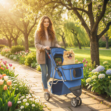 (Blue) PawHut Pet Stroller Pushchair Carrier for Cat Puppy with 3 Wheels