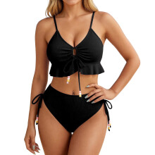 Tweedelig damesbadpak met ruches, bikini met hoge-Zwart XL