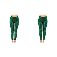 2X Zeemeerminlegging voor Dames in Glanzend Groen Vissenschaalontwerp, Stretchbroek met Hoge Taille voor Casual en Feestkleding-M