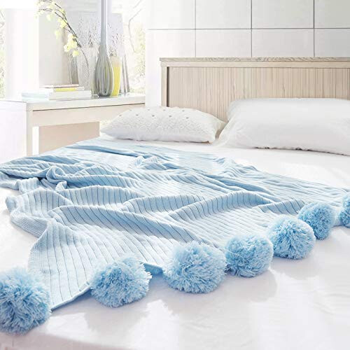 Light Blue Throw Blanket 39 x 41 with Pom Pom Tassels, Lightweight Solid Knit for Precise Coverage 1