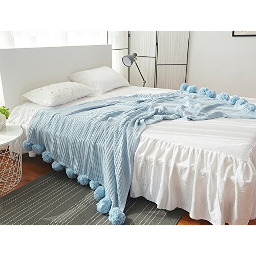 Light Blue Throw Blanket 39 x 41 with Pom Pom Tassels, Lightweight Solid Knit for Precise Coverage 2
